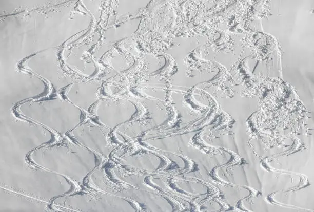 Wavy Ski trails in deep snow on snowy mountain slope. White Winter sport skiing and snowboarding background.