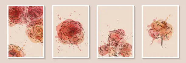 Vector illustration of Set of creative minimalist hand draw illustrations floral outline with pink watercolor stain and splash. Design for wall decoration, postcard or brochure cover design