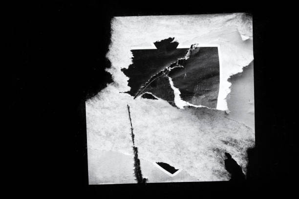 istock Old ripped torn paper crumpled creased posters grunge textures backdrop surface backgrounds placard Black and White 1291201670