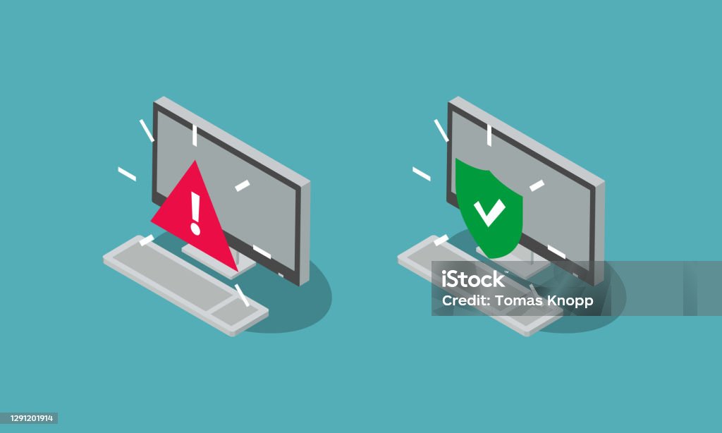Compromised Computer User Icon Infected And Protected Desktop Computer Symbols Isolated On Blue ...
