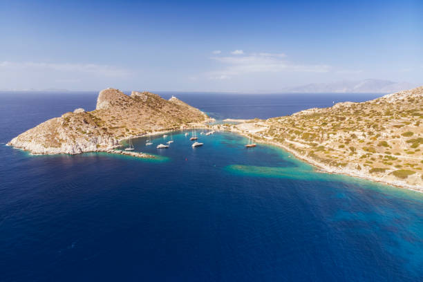 veduta aerea della baia di knidos a datca - high angle view famous place roman roman forum foto e immagini stock