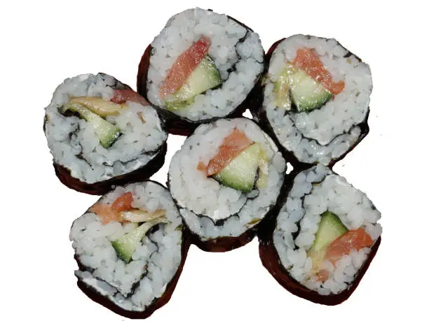 Photo of sushi close-up, top view, isolate on a white background, clipart