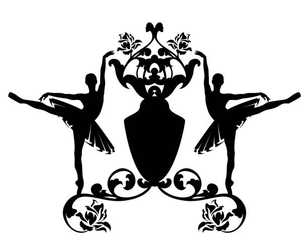 танцоры балета и розовые цветы черно-белый вектор геральдической эмблемы - horizontal black and white toned image two people stock illustrations