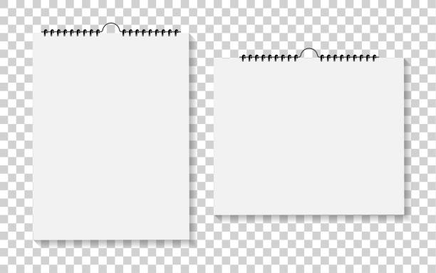 notizbuch oder kalender mit gebundener spirale. mockup von notizblock und kalender an der wand. papierpads für notiz und memo isoliert auf transparentem hintergrund. weißes leeres skizzenblock mit ring und abdeckung. vektor - spiral notebook note pad spiral ring binder stock-grafiken, -clipart, -cartoons und -symbole