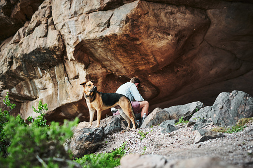 Shot of a young man hiking in the mountains with his dog