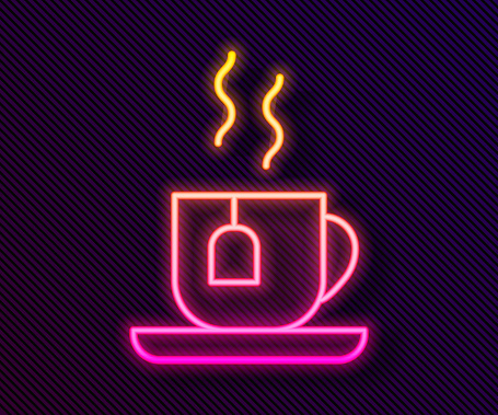 Glowing neon line Cup of tea with tea bag icon isolated on black background. Vector.