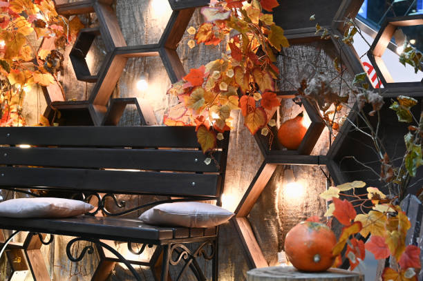 Autumn composition with pumpkins and leaves. High quality photo