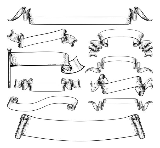 ilustraciones, imágenes clip art, dibujos animados e iconos de stock de pergaminos vintage bandera destacos de papel y cintas - scroll parchment paper old