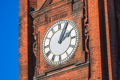 Closeup of the clock tower in Crouch End, North London