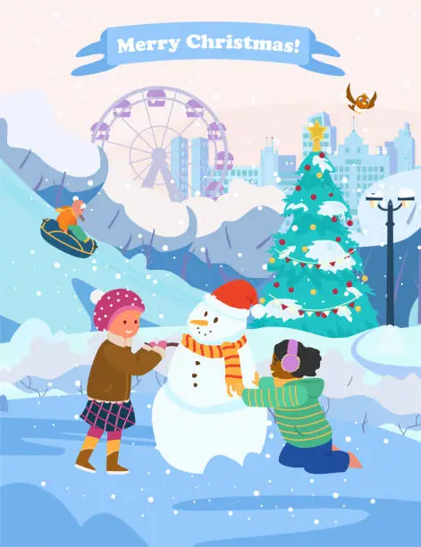 Vector illustration of Christmas Card With Kids Making Snowman In Winter Park