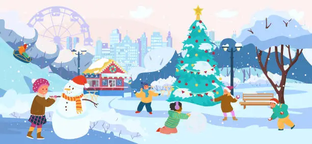 Vector illustration of Winter Park Scenery With Children Playing