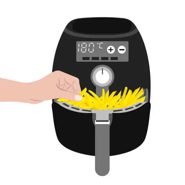 Vector illustration of Air fryer kitchen tool with french fries. It's a smart kitchen appliance that cooks by circulating hot air. Hand pulls out French fries from the airfryer