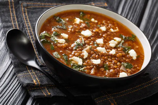 Greek brown lentil soup fakes is a simple and healthy one-pot recipe close-up in a plate on the table. horizontal