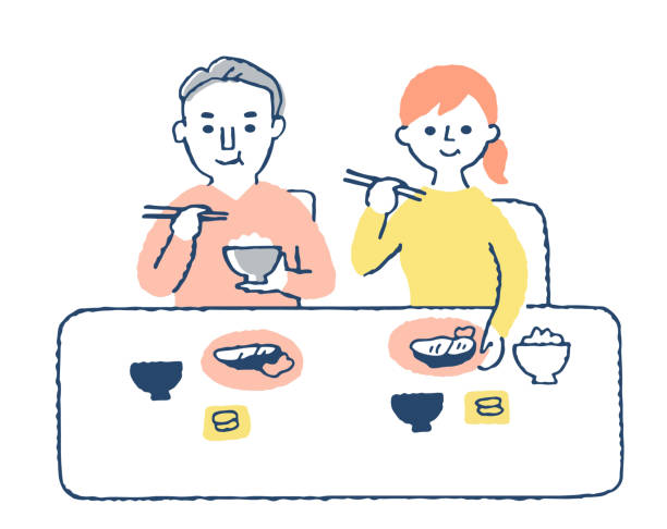 Men and women eat side by side People, meals, upper body, couple, eat, Japanese foods rice bowl restaurant stock illustrations