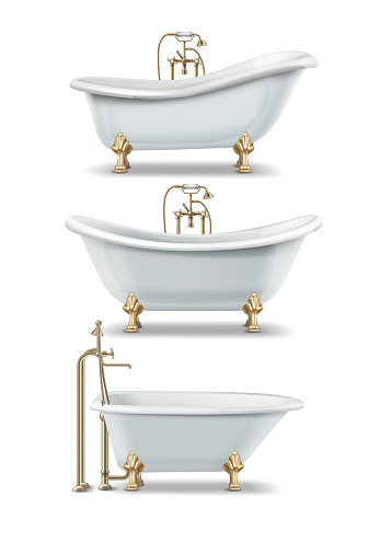 Set of white bathtubs of vintage style with clawfoot and golden elements. Vector illustration of classic rim tub, double slipper and ended tubs, isolated on white background.
