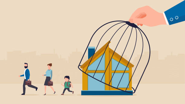 Vector of a hand lifting a cage of a house letting young family to go back to work and school after coronavirus lockdown Vector of a big hand lifting a cage of a house letting young family to go back to work and school after coronavirus lockdown back to work background stock illustrations