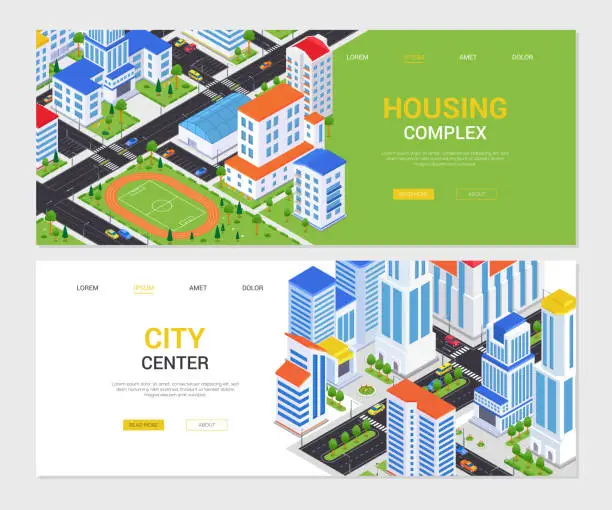 Vector illustration of Urban landscapes - set of colorful isometric web banners