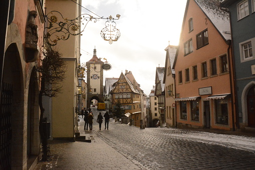 Beautiful postcard view of the famous historic town of Rothenburg ob der Tauber, Germany during wintertime in December