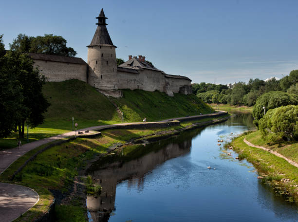 View of the old street by the river in the center of the city . Pskov, Russia cityscape of the old town. Pskov. Russia. pskov city stock pictures, royalty-free photos & images