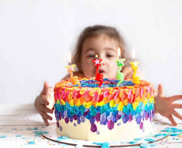 istock Colorful big handmade birthday cake with burning candles. 1291237731