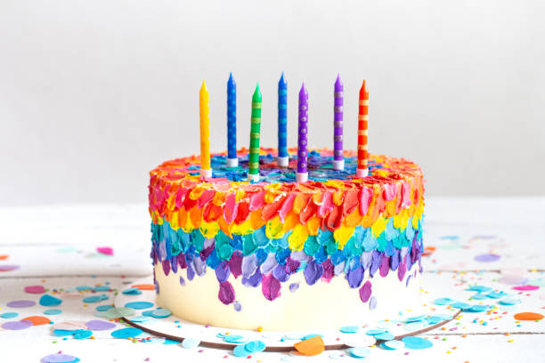 istock Handmade colorful big birthday cake with multicolored candles. 1291237735