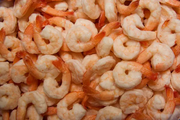 Photo of Close-up of a heap of frozen peeled orange shrimp. Natural seafood background. Top view, vertical format.