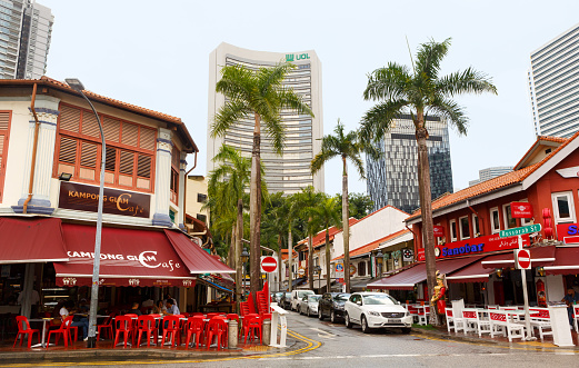 Singapore, Singapore-November 28, 2019: On the Bussorah street, Arab quarter (Kampong Glam). Arab Quarter is the oldest historic shopping district of Singapore