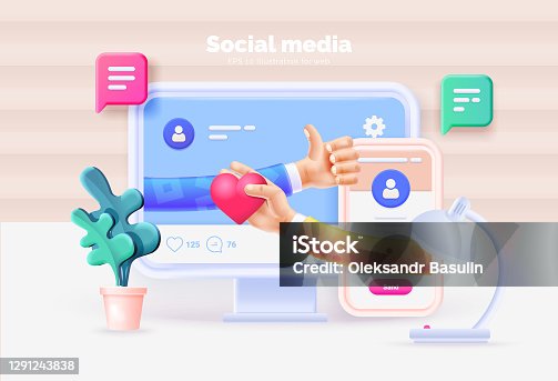 istock Social media marketing. Computer and smartphone with social media user interface. Communication between people using social networks. Vector illustration with computer, phone, icons, 3d style. 1291243838