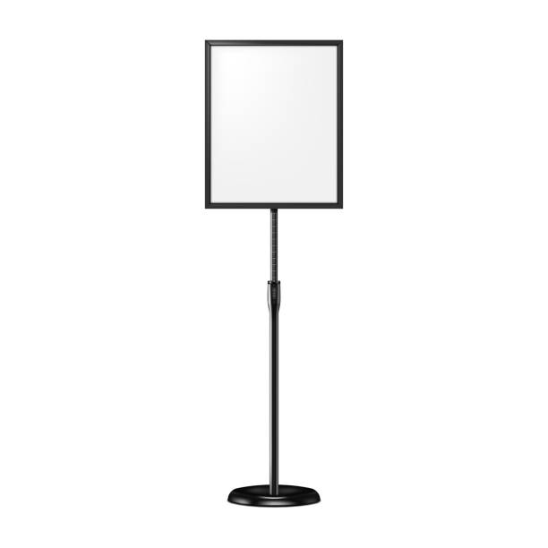 istock Poster sign stand. Floor standing display with round base isolated on white background. Realistic vector mockup. Adjustable pedestal with blank board, mock-up. Template for design 1291244060