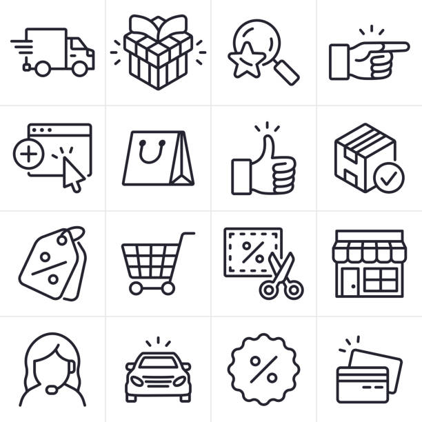 Online Shopping and E-commerce Line Icons and Symbols Online Shopping ecommerce shipping and delivering merchandise and consumer products icons and symbols collection. discount store illustrations stock illustrations