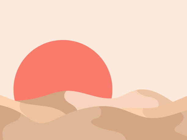 ilustrações de stock, clip art, desenhos animados e ícones de desert landscape with dunes in a minimalist style. red sun flat design. boho decor for prints, posters and interior design. mid century modern decor. vector illustration - sand dune illustrations