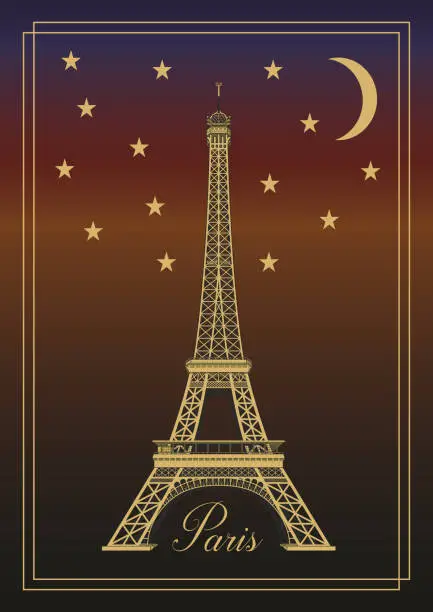 Vector illustration of France, Paris by night,  The Eiffel Tower,  La tour Eiffel. Vector illustration.