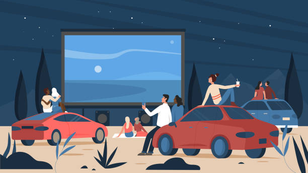 People in open air car cinema theater watching film movie People in open air car cinema theater vector illustration. Cartoon cars on parking, driver characters sitting, watching film on big screen of auto drive movie event at night, cinematography background movie-theater-exterior stock illustrations