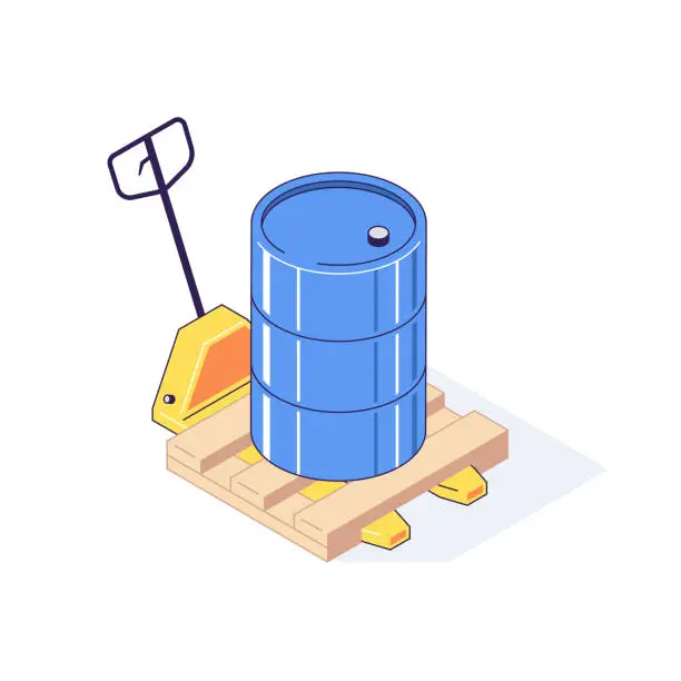 Vector illustration of Isometric truck pallet with barrels. 3d pallets cargo goods fuel benzin petrol gas and combustible vector illustration