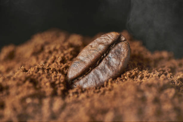 スモーキーな黒い背景にローストコーヒー豆のクローズアップ。 - caffeine macro close up bean ストックフォトと画像