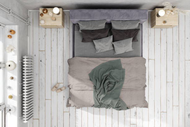 Top View Of Scandinavian Style Bedroom With A Messy Bed. Top View Of Scandinavian Style Bedroom With A Messy Bed. double bed photos stock pictures, royalty-free photos & images