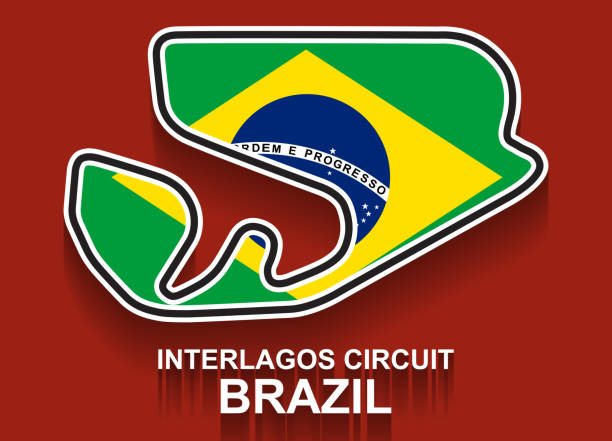 국기와 포뮬러 1 또는 f1브라질 그랑프리 경주 트랙. 상세한 경마장 또는 전국 서킷 - grand prix stock illustrations
