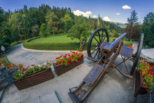 cañón militar decorativo del siglo xviii en la zona del castillo de peles, sinaia, rumania - sinaia fotografías e imágenes de stock