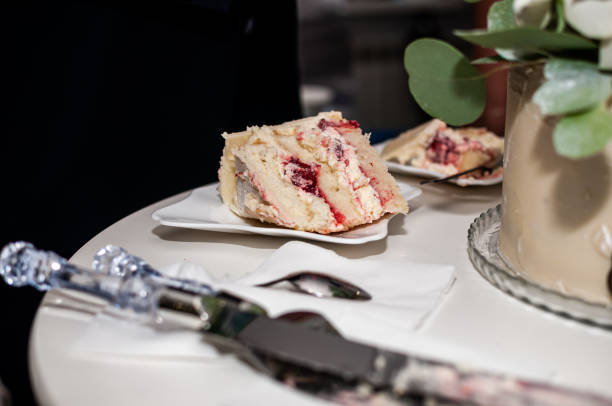 istock a piece of wedding cake with cherries on a white plate 1291256799