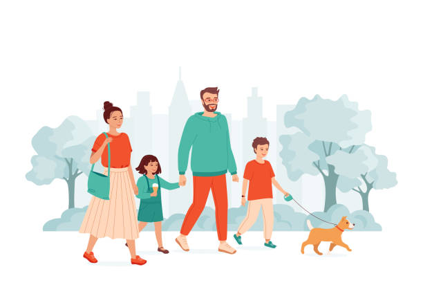 두 자녀와 개가 있는 어린 부부는 도시 공원에서 손을 잡고 걷고 있습니다. 행복한 가족 엄마, 아빠, 딸과 아들이 함께 시간을 보냅니다. 활동적인 주말, 건강한 라이프 스타일. 벡터 일러스트레� - lifestyles cute white background baby stock illustrations