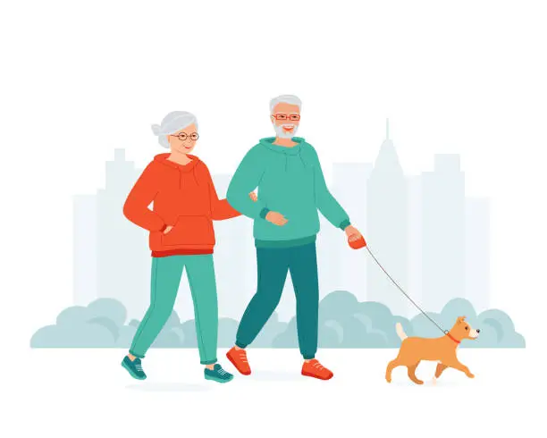 Vector illustration of Active senior people in sporty clothes walks with dog holding hands. Concept of happy mature family spend time together in city park. Leisure activity weekend, healthy lifestyle. Vector illustration