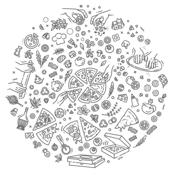 ilustrações, clipart, desenhos animados e ícones de ícones de contorno de vetor de pizza tradicional italiano definidos - pizza pepperoni vector ingredient