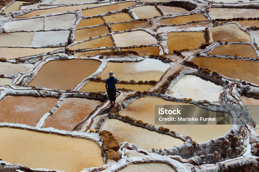 Inca salt pans of Maras Salinares de Maras, beautiful shades of brown of the terraces on the hill in the sunlight, just above Urubamba in the Sacred Valley near Cuzco. Peru Stock Photo