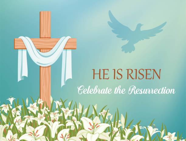 He is risen, celebrate the resurrection. Vector illustration He is risen, celebrate the resurrection. Cross with shroud and lilies against the blue sky. The dove flies in the rays of light. Religious symbols of Good Friday and Easter. Vector illustration good friday stock illustrations