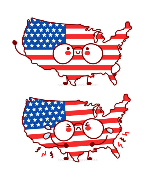 istock Cute happy and sad USA map and flag character. 1291262381