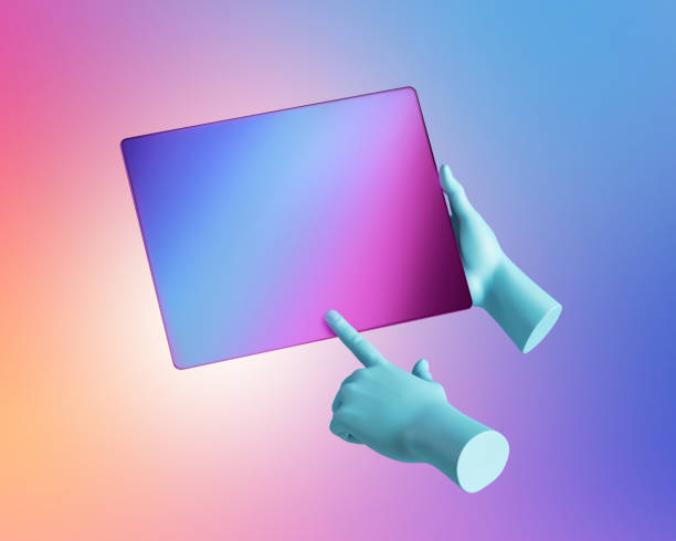 istock 3d render, blue mannequin hands hold digital pad isolated on colorful pastel background, electronic device blank mockup. Virtual reality, wireless touchscreen technology, mobile gaming presentation 1291263441
