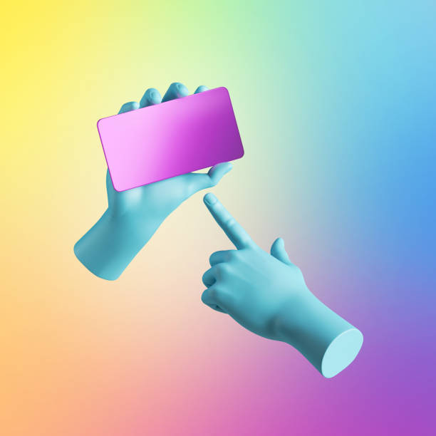 3d render, blue hands hold pink smart phone digital device in horizontal position. Electronic gadget blank mockup isolated on colorful background. Mobile gaming technology