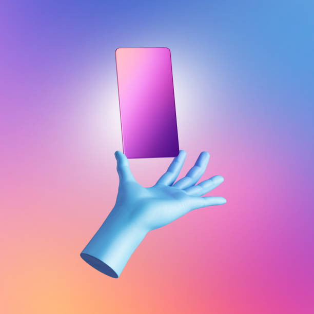 istock 3d render, blue hand holds pink smart phone digital device in vertical position. Electronic gadget blank mockup isolated on gradient background. Virtual reality, wireless technology presentation 1291263453
