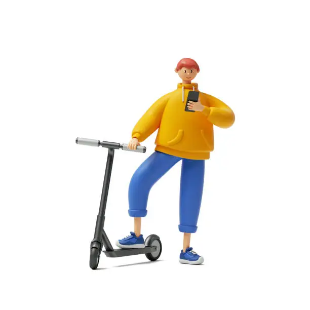 Photo of 3d render cartoon character young man wears yellow hoodie and blue trousers, holds smart phone, electric kick scooter rental by mobile app. Modern urban transport clip art isolated on white background