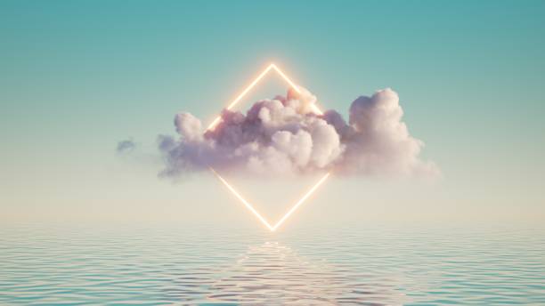 istock 3d render, abstract geometric background, white cloud and glowing neon square frame. Illuminated cumulus. Minimal futuristic seascape with reflection in the water 1291263508